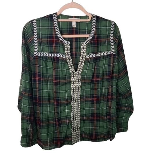 J Crew green plaid embroidered peasant top - Picture 2 of 10